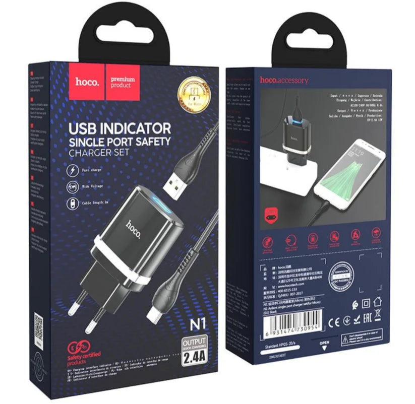 Hoco N1 USB Indicator Single Port Safety Charger Set Micro